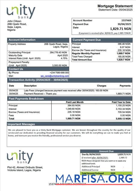 Blank Nigeria Unity Bank mortgage statement Word and PDF template